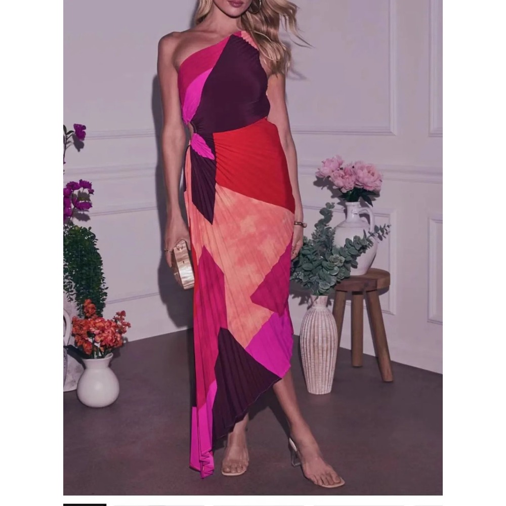 VICI One Shoulder Pleated Colorblock Maxi Dress Pink Red Burgundy Small FD10589